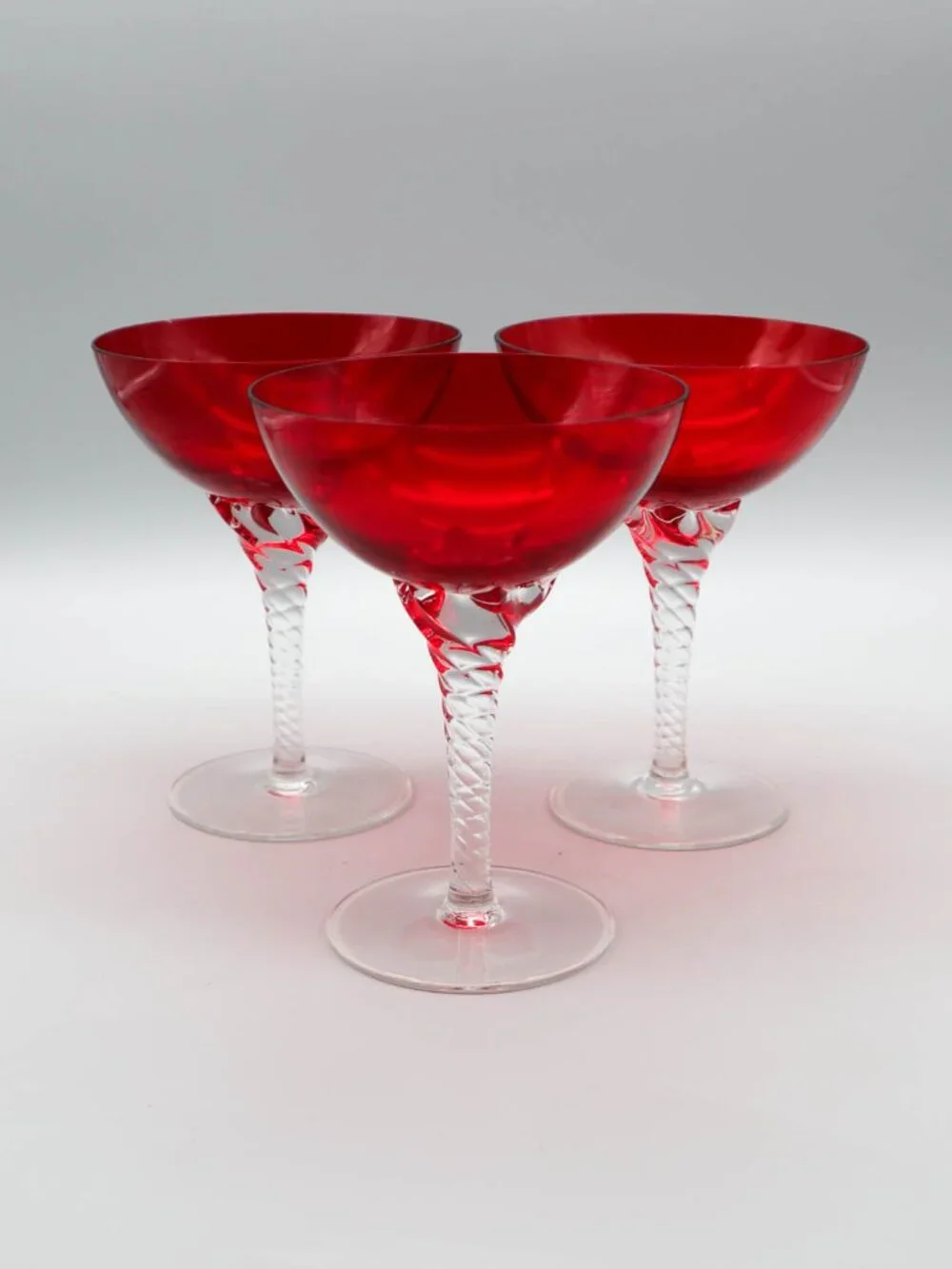 Vintage Ruby Red Crystal Champagne Coupe Cocktail Glasses Twisted Stem Art Deco